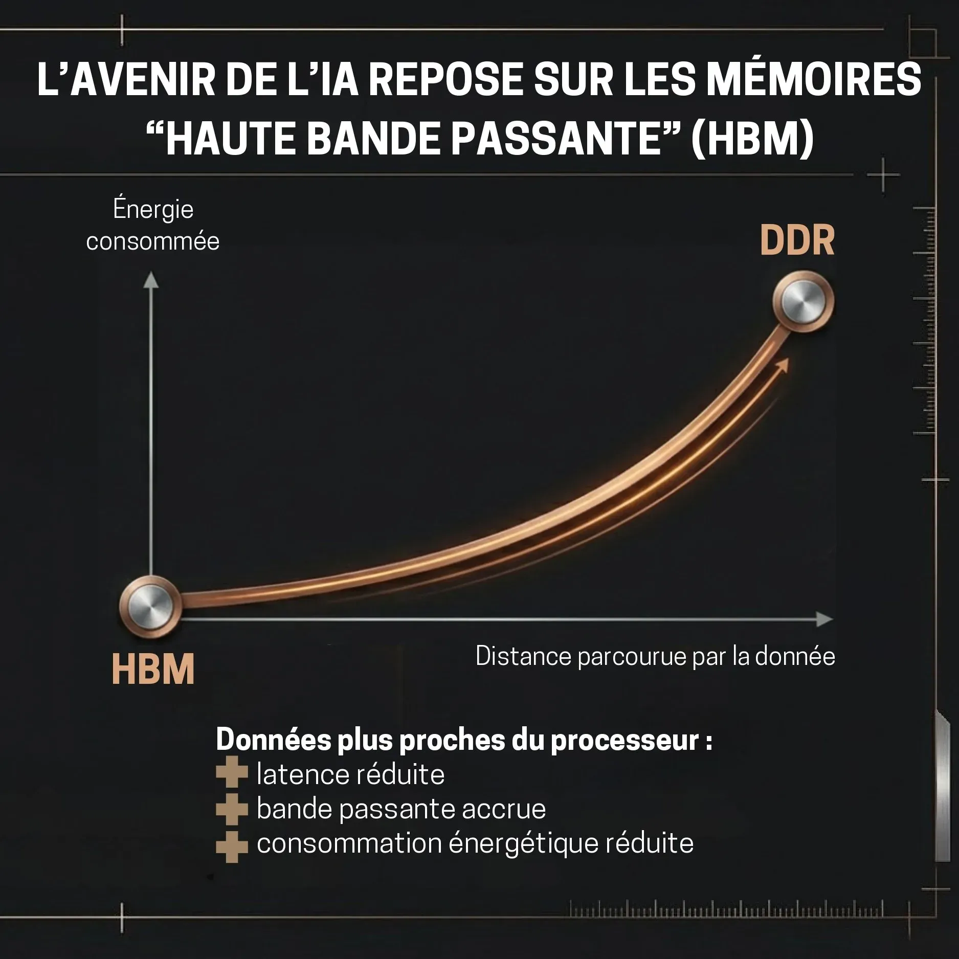 Seconde page de l’infographie : un graphique de l’énergie consommée en fonction de la distance parcourue par la donnée, au plus bas pour la HBM, au plus haut pour la DDR ; en bas, « Données plus proches du processeur : latence réduite, bande passante accrue, consommation énergétique réduite ».